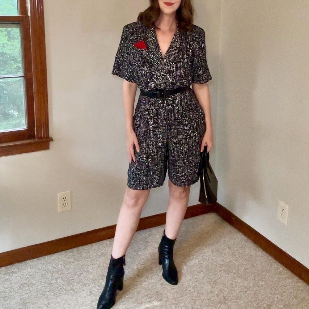 Vintage 80s Black White Oversized Romper | Tailored Utility Jumpsuit Size S/M